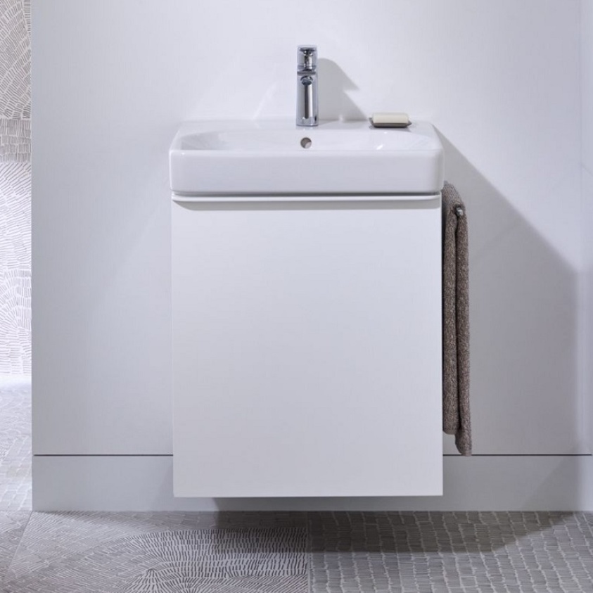 Product Lifestyle Image of Geberit Smyle Square 500mm White Wall Hung Vanity Unit and Basin - Front Angle - 500.364.00.1/500.363.00.1/500.256.01.1